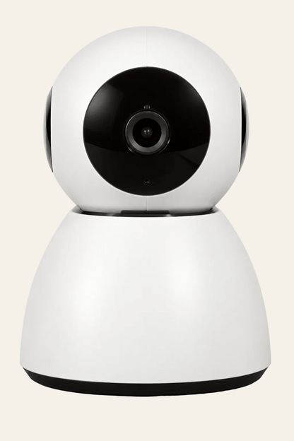 Witte Eyenimal Pet Vision Live HD huisdiercamera met zwarte cameralens, draaibare camerakop, nachtzicht en geluiddetectie.