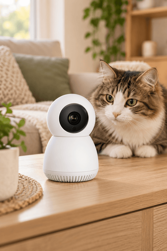 Witte Eyenimal Pet Vision Live HD huisdiercamera op een houten tafel naast een langharige kat in een gezellige beige woonkamer.