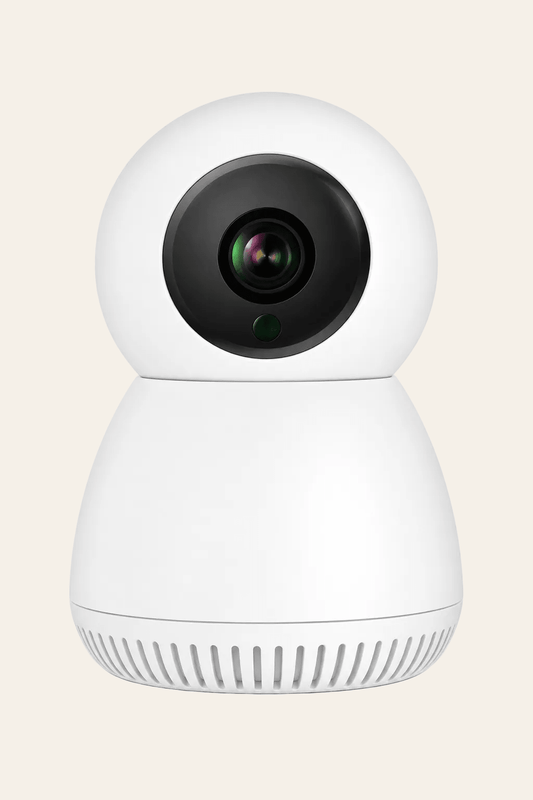 Eyenimal Pet Vision Live HD huisdiercamera wit met zwarte cameralens, draaibare camerakop, Full HD 1080p en nachtzicht.