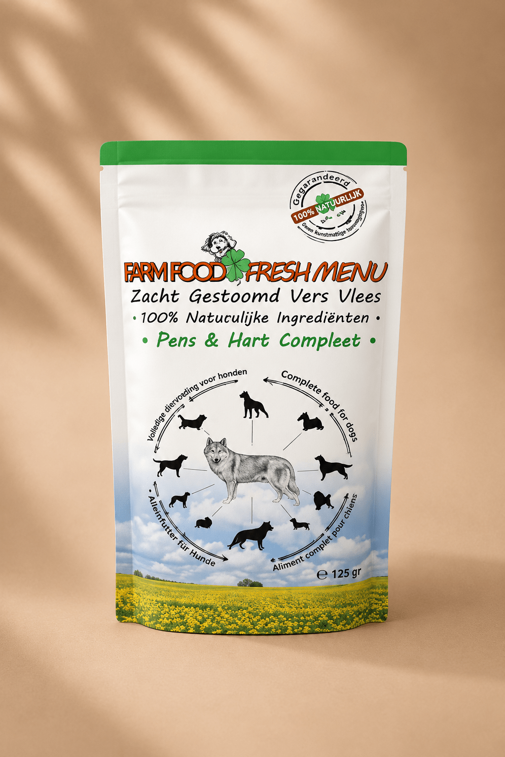 Farm Food Fresh Menu Pens & Hart Compleet 125 g, zacht gestoomd natvoer voor honden met rund, pens, hart en zalmolie.