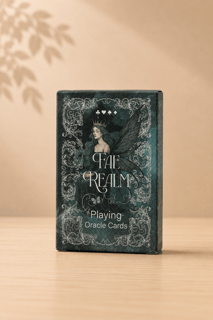 Fae Realm speel- en orakelkaarten – Fairy Theme op een beige gebladerde achtergrond