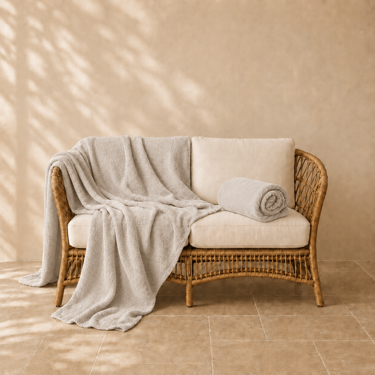 Famke fleece plaid in beigekleur 130 × 180 cm, met aandacht voor materiaal, structuur en proportie.