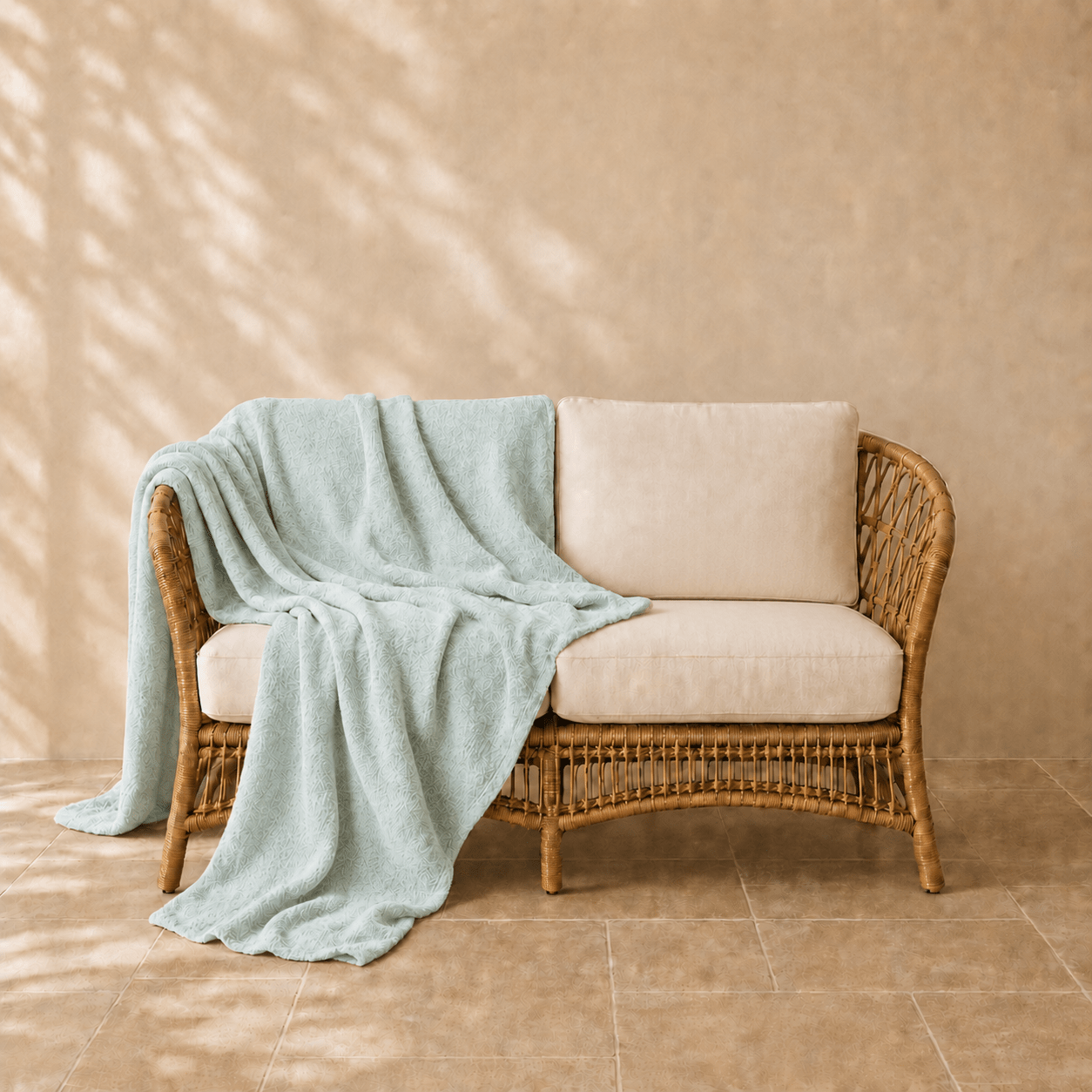 Famke fleece plaid in mintgroenkleur 130 × 180 cm, in een verzorgde woonsetting met zichtbare textuur en vorm.