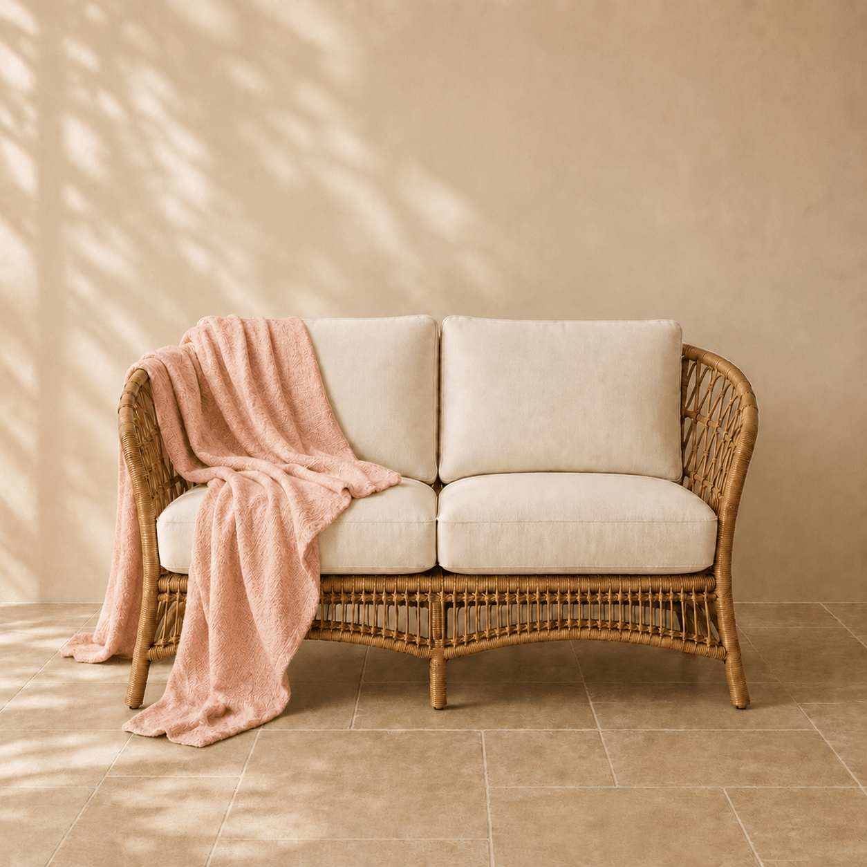Famke fleece plaid in perzikkleur 130 × 180 cm, in een verzorgde woonsetting met zichtbare textuur en vorm.