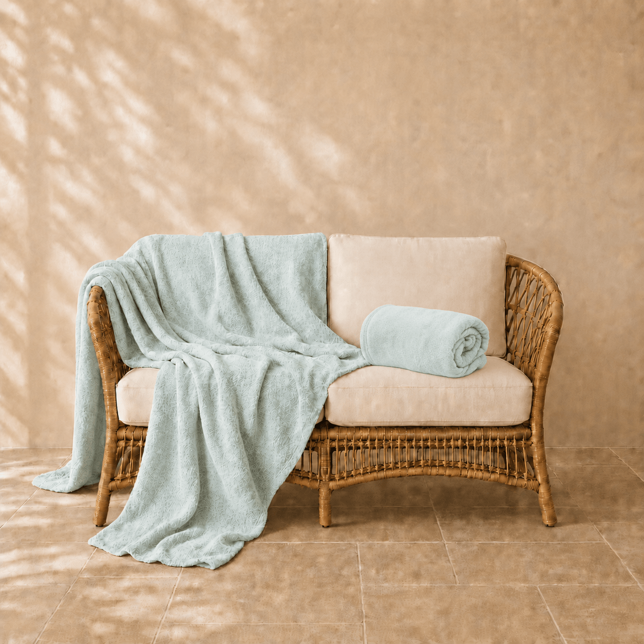 Famke fleece plaid in mintgroenkleur 130 × 180 cm, met aandacht voor materiaal, structuur en proportie.