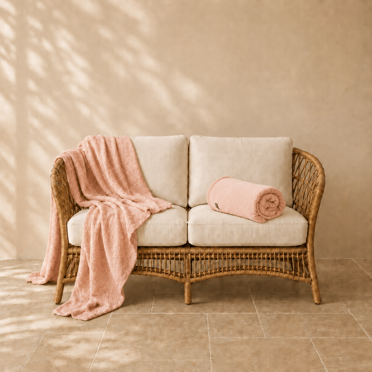 Famke fleece plaid in perzikkleur 130 × 180 cm, met aandacht voor materiaal, structuur en proportie.