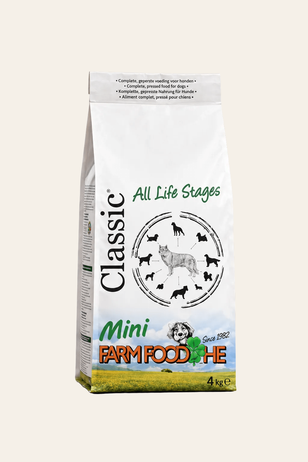 Farm Food HE Classic Mini geperst hondenvoer voor puppy’s en volwassen honden van kleine rassen in een witte verpakking van 4 kg