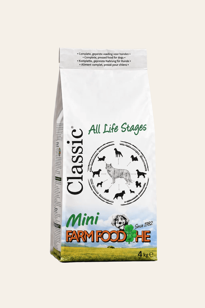Farm Food HE Classic Mini geperst hondenvoer voor puppy’s en volwassen honden van kleine rassen in een witte verpakking van 4 kg