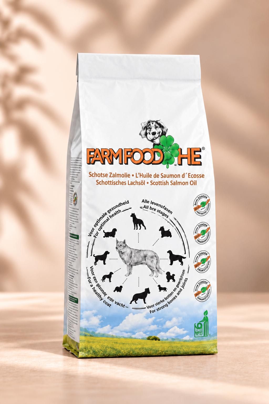 Farm Food HE High Energy hondenvoer met Schotse zalmolie in een zak van 4 kg, complete geperste voeding voor alle levensfasen