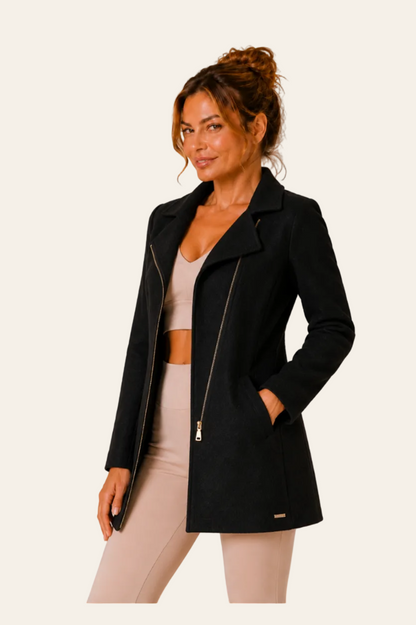 Figl elegante halflange dames jas met een schuine ritssluiting