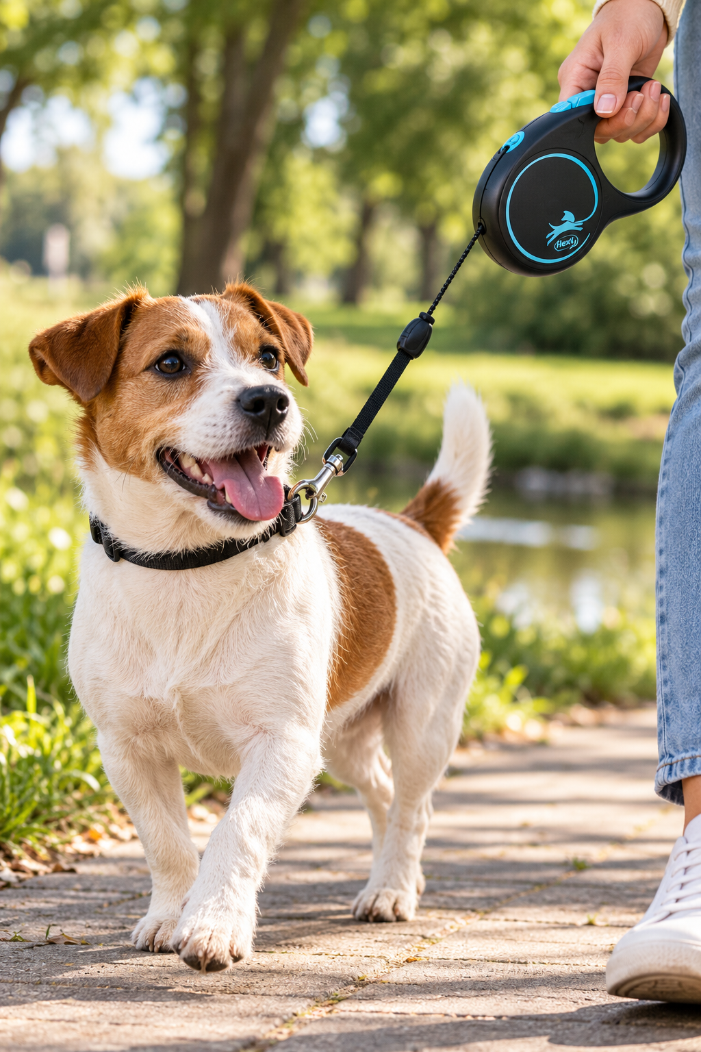 Witbruine hond wandelt in het park met de zwarte Flexi Black Design rollijn met blauwe accenten, koord en automatisch oprolmechanisme.