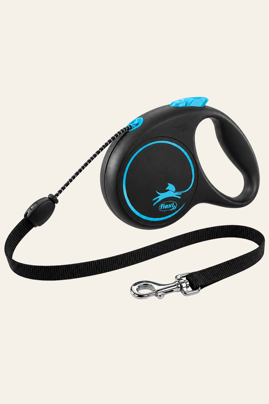 Flexi Black Design cord rollijn blauw maat M met 5 meter koord, zwarte ergonomische handgreep, blauwe bedieningsknop en metalen karabijnhaak.