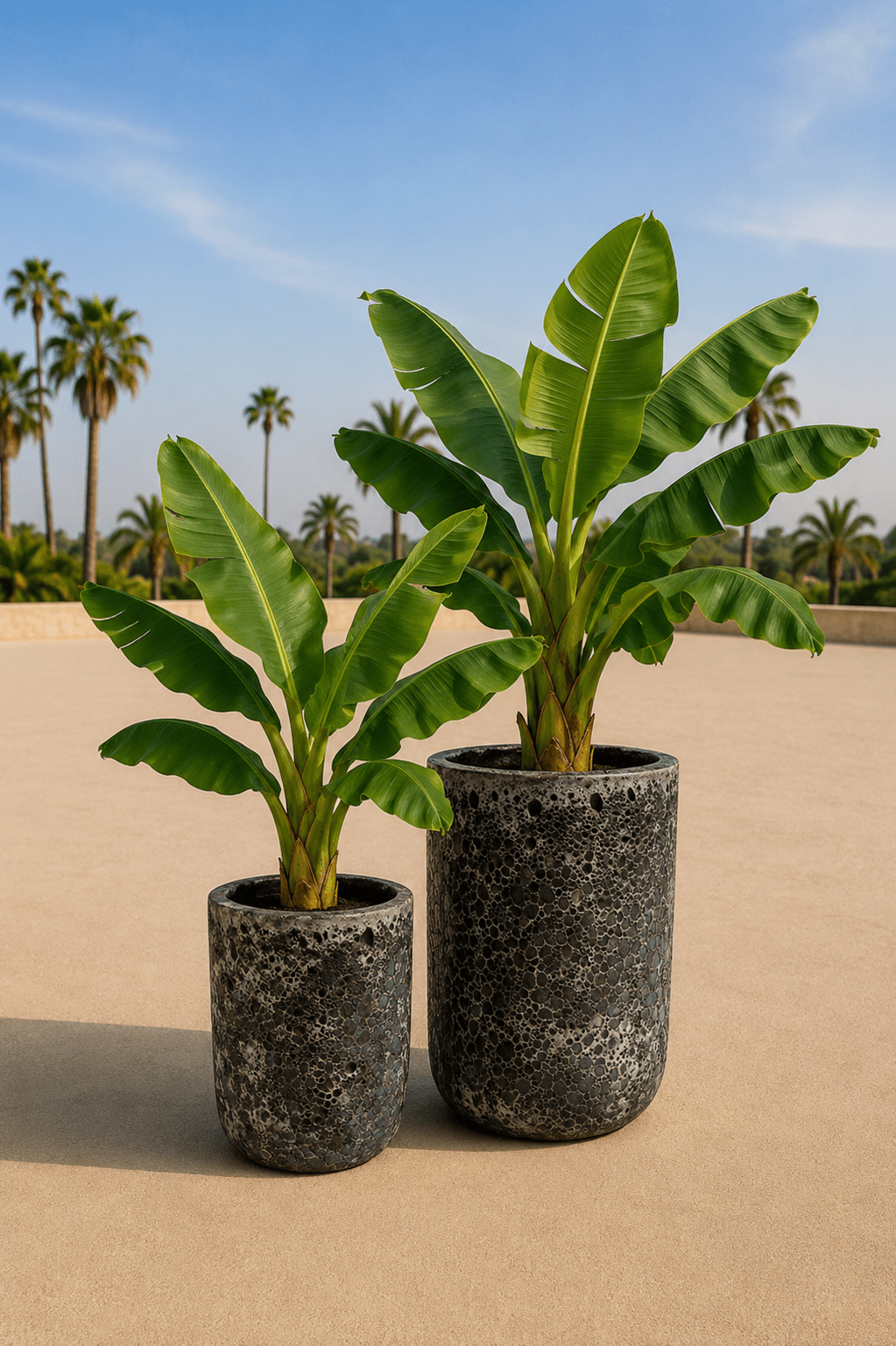 Set van twee handgemaakte Fuji plantenpotten in Relic Black met bananenplanten op een zonnig terras met palmbomen op de achtergrond
