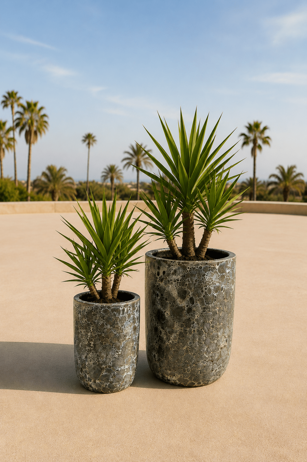 Set van twee handgemaakte Fuji plantenpotten in Relic Jade met yuccaplanten op een zonnig terras met palmbomen op de achtergrond
