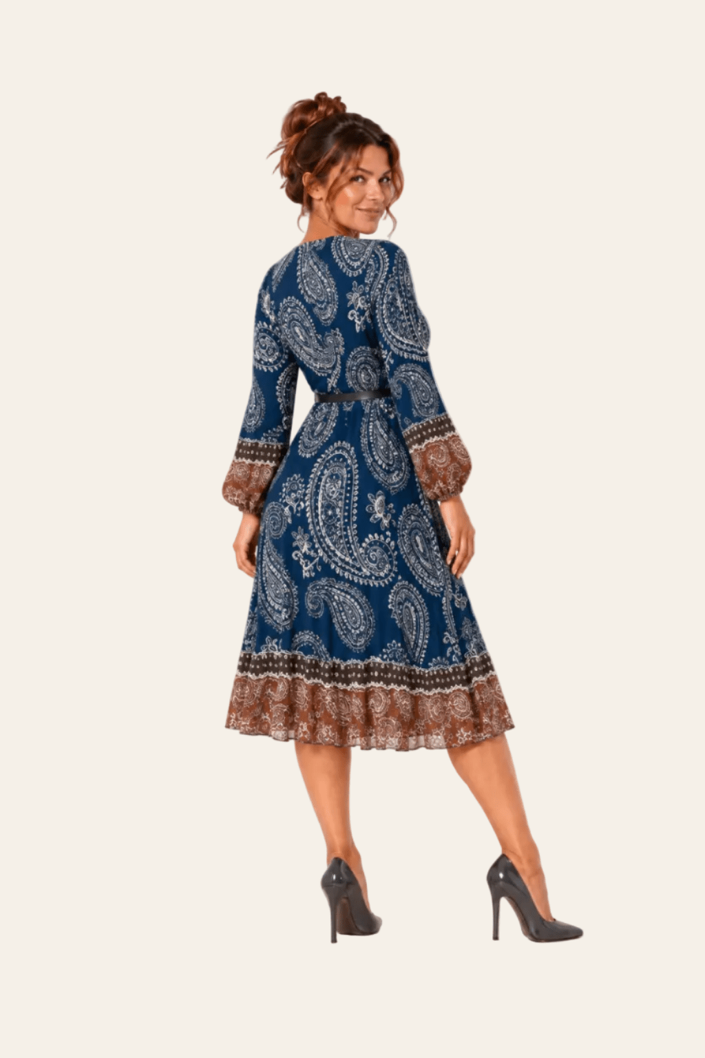Geplooide midi-jurk van chiffon met riem en lange mouwen