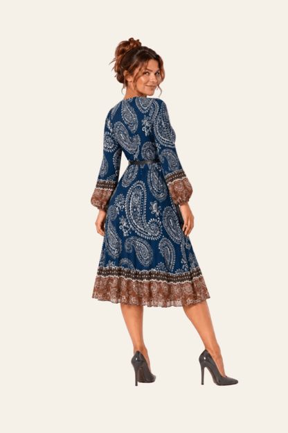 Geplooide midi-jurk van chiffon met riem en lange mouwen