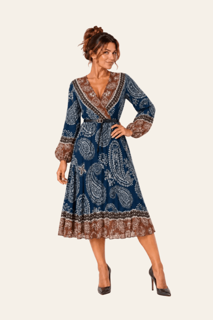 Geplooide midi-jurk van chiffon met riem en lange mouwen