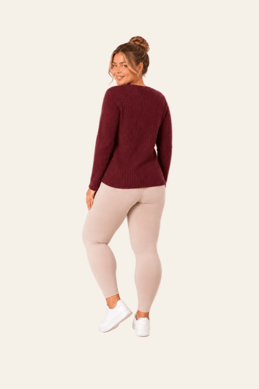 Ribbed V-neck sweater for women with a subtle emblem