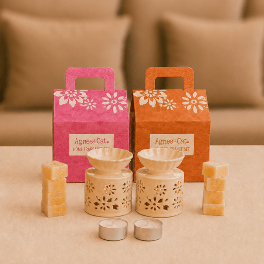 Geschenkbundel met twee huisvormige boxen met wasmelts en keramieken oliebranders