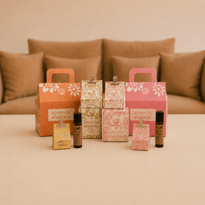 Geschenkbundel met twee huisvormige verzorgingsboxen en acht verzorgingsartikelen