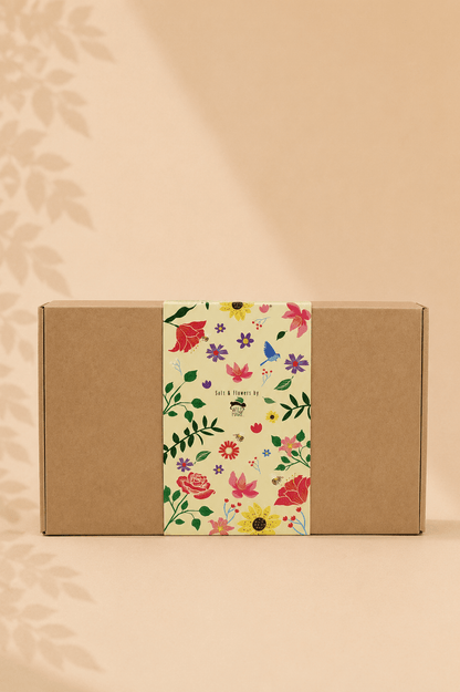 Geschenkdoos met badzout en zeepbloemen in een bruine doos met een gebloemde print rond de doos
