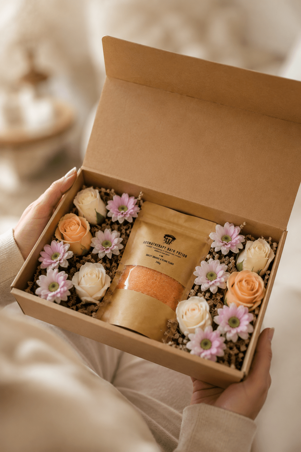 LMW Wellness-Care Geschenkdoos met badzout en zeepbloemen, productaanzicht