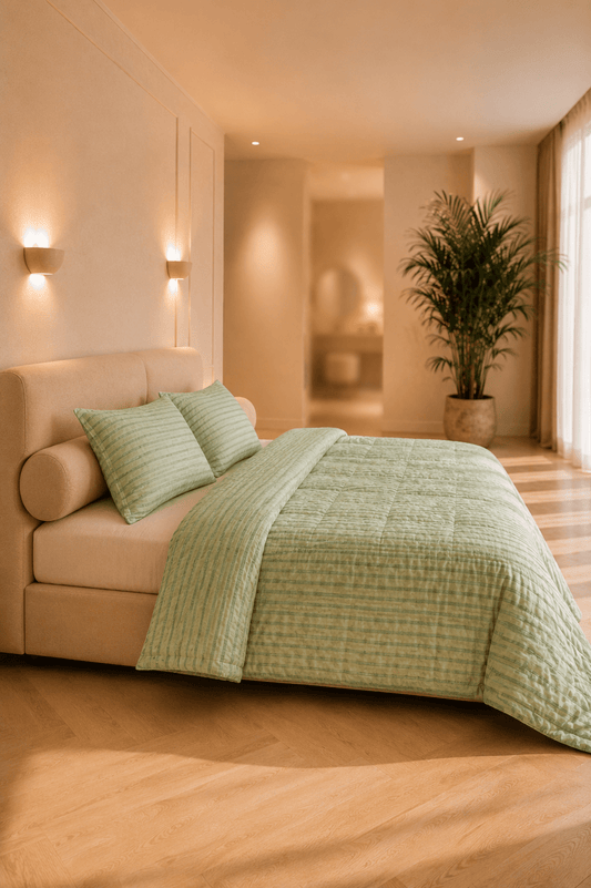 Saliegroen gestreept Nordic beddengoed van katoen op een bed in een warme, minimalistische slaapkamer