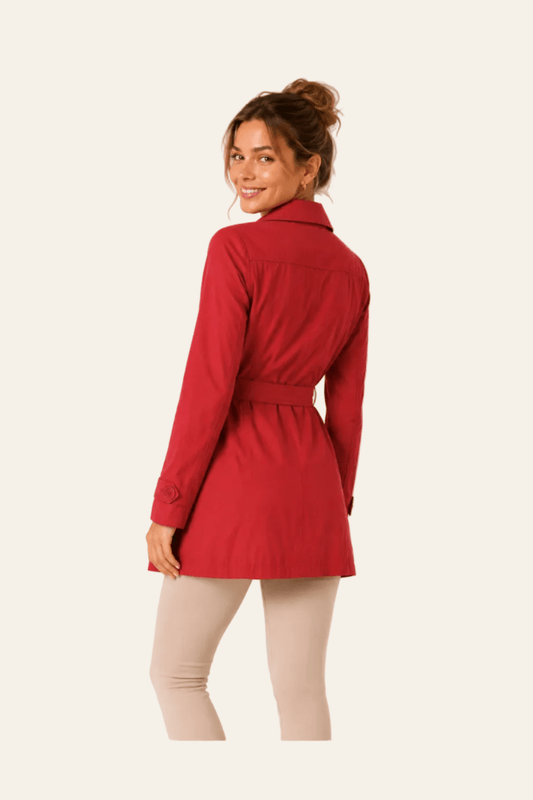 Achteraanzicht van Getailleerde damestrenchcoat met gespmanchetten