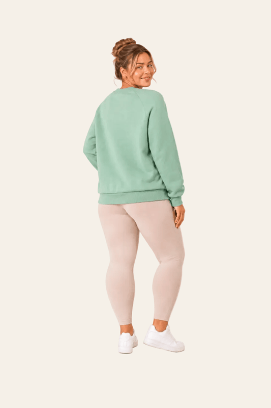 Lined women's round neck sweater with patch, embroidery and large lettering