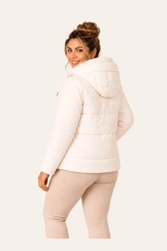 Quilted women's winter jacket with hood and side pockets