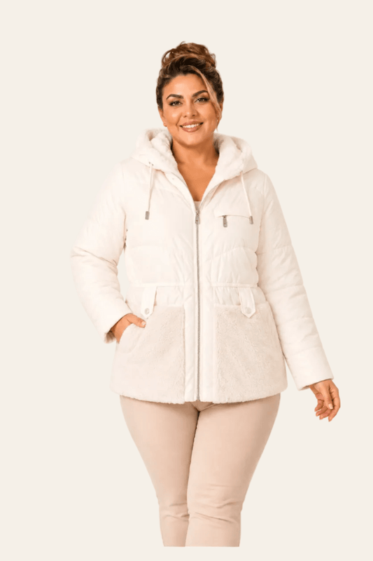 Quilted women's winter jacket with hood and side pockets