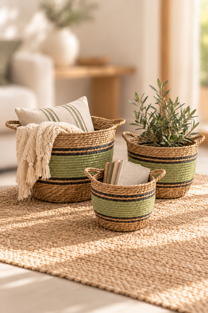 Drie gevlochten manden van zeegras en katoen met plaids, boeken en een plant in een lichte beige woonkamer
