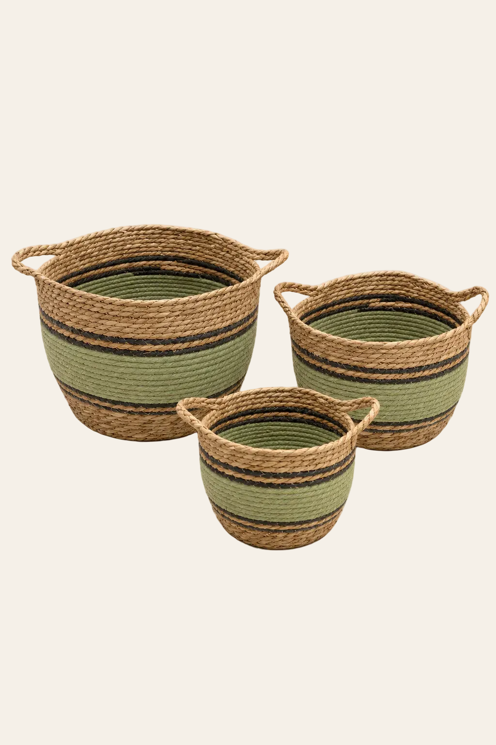 Set van 3 gevlochten opbergmanden van zeegras en katoen in naturel en zachtgroen met zwarte accenten en handvatten