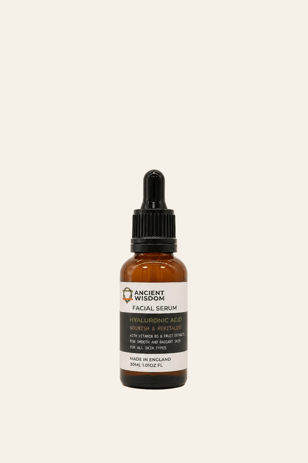 Gezichtsserum met Hyaluronzuur, Vitamine B5 en Vruchtextracten 30ml in een bruin transparant flesje met zwarte pipet als productfoto