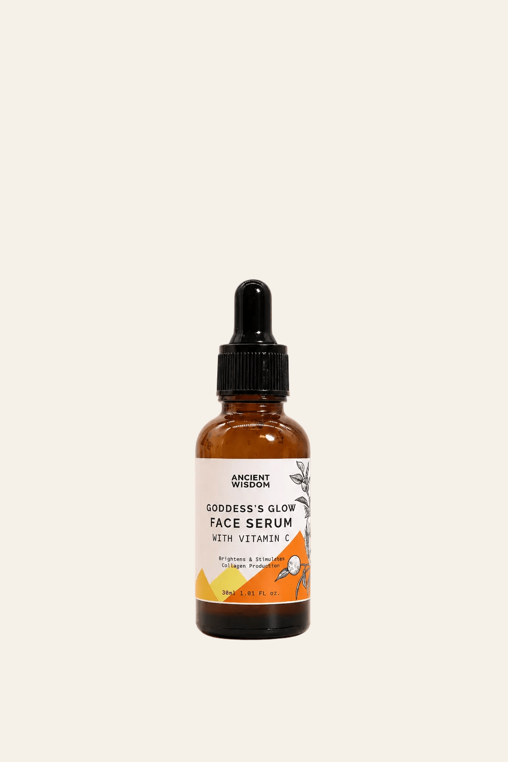 Gezichtsserum met vitamine C 30ml in een transparant bruin flesje met zwarte pipet productfoto