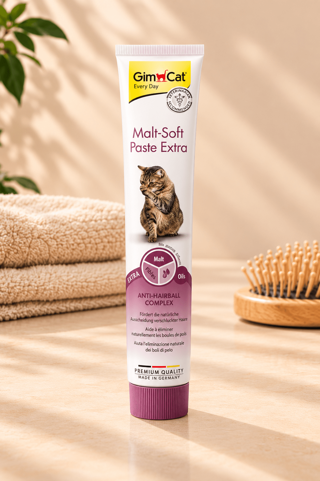GimCat Malt-Soft Extra haarbalpasta 100 gram in witte tube met paarse dop op lichtbeige achtergrond met zachte handdoeken en borstel.