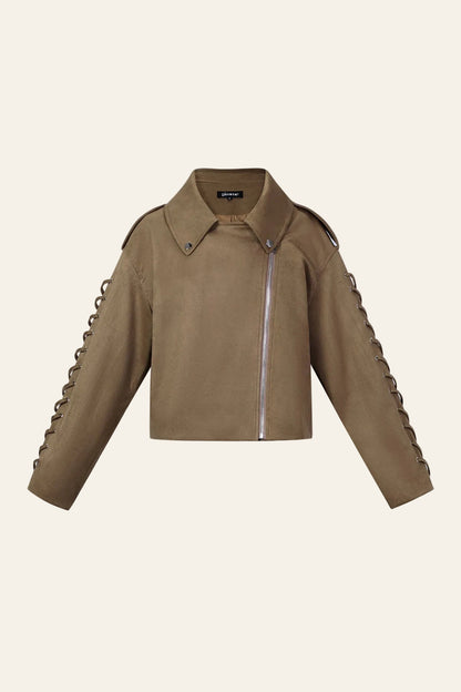 Gimme kortere dames street style jas met vetersluiting op de mouwen