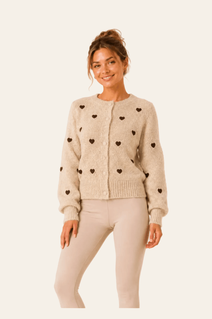 Gimme trendy gebreide dames trui met een charmant en speels hartenpatroon