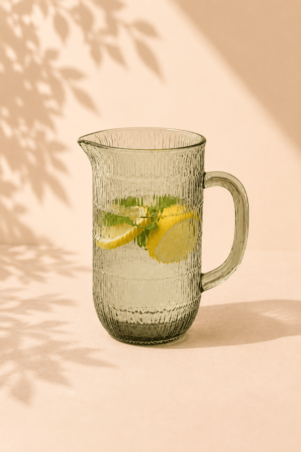 Glazen waterkan groen met ribbelpatroon op een beige gebladerde achtergrond