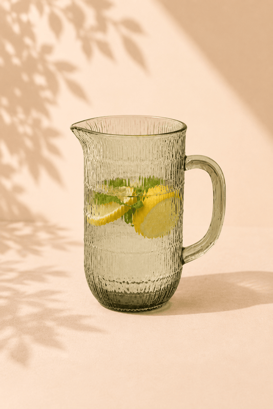 Glazen waterkan groen met ribbelpatroon op een beige gebladerde achtergrond
