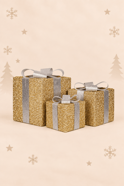 Set van 3 gouden LED kerstcadeaus van 15, 20 en 25 cm met zilverkleurige linten, strikken en glitterafwerking