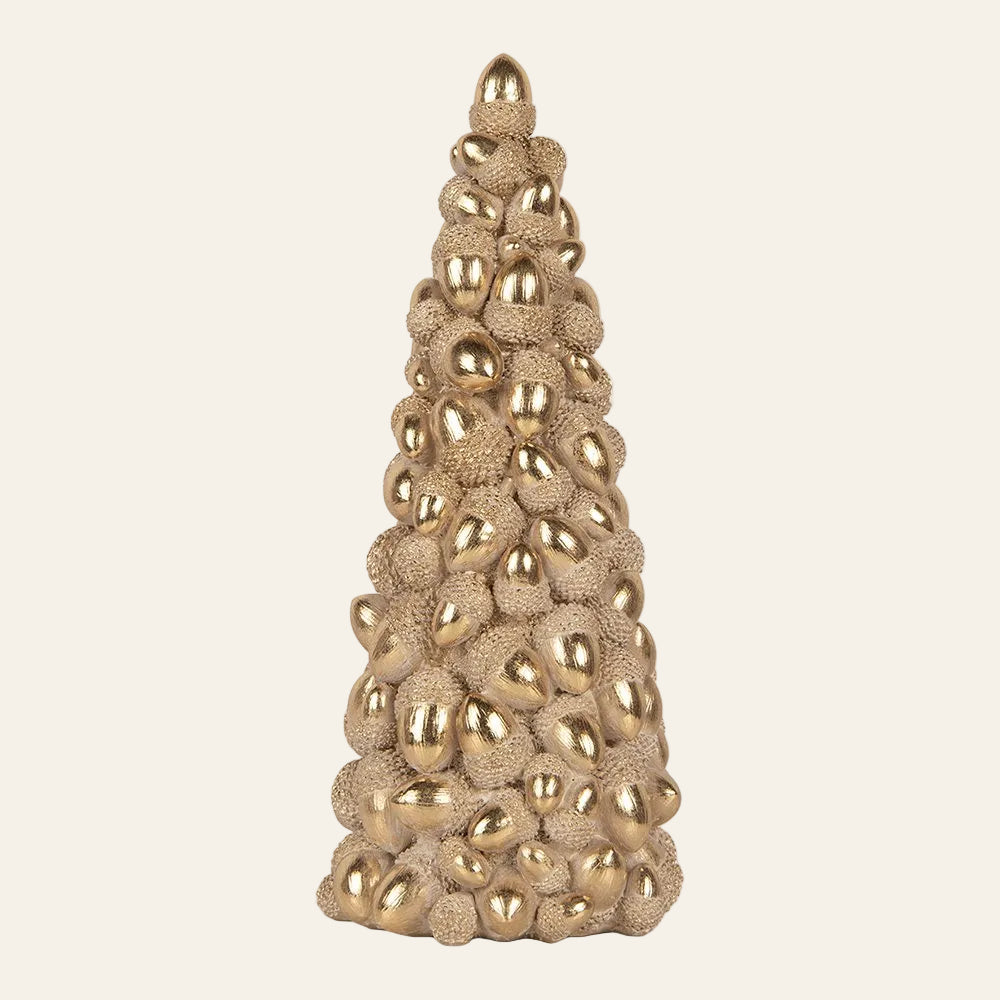 Gouden decoratieve kerstboom met glanzende eikelvormige elementen en reliëf als feestelijke kerstdecoratie 