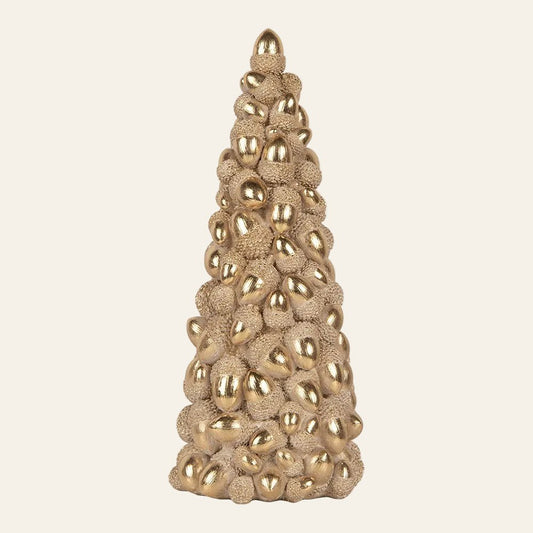 Gouden decoratieve kerstboom met glanzende eikelvormige elementen en reliëf als feestelijke kerstdecoratie 