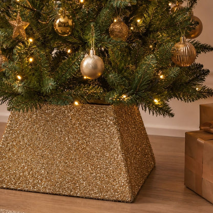 Gouden vierkante kerstboomrok 50 x 50 cm met feestelijke glanzende afwerking van Mica Decorations afwerking onderkant van de kerstboom