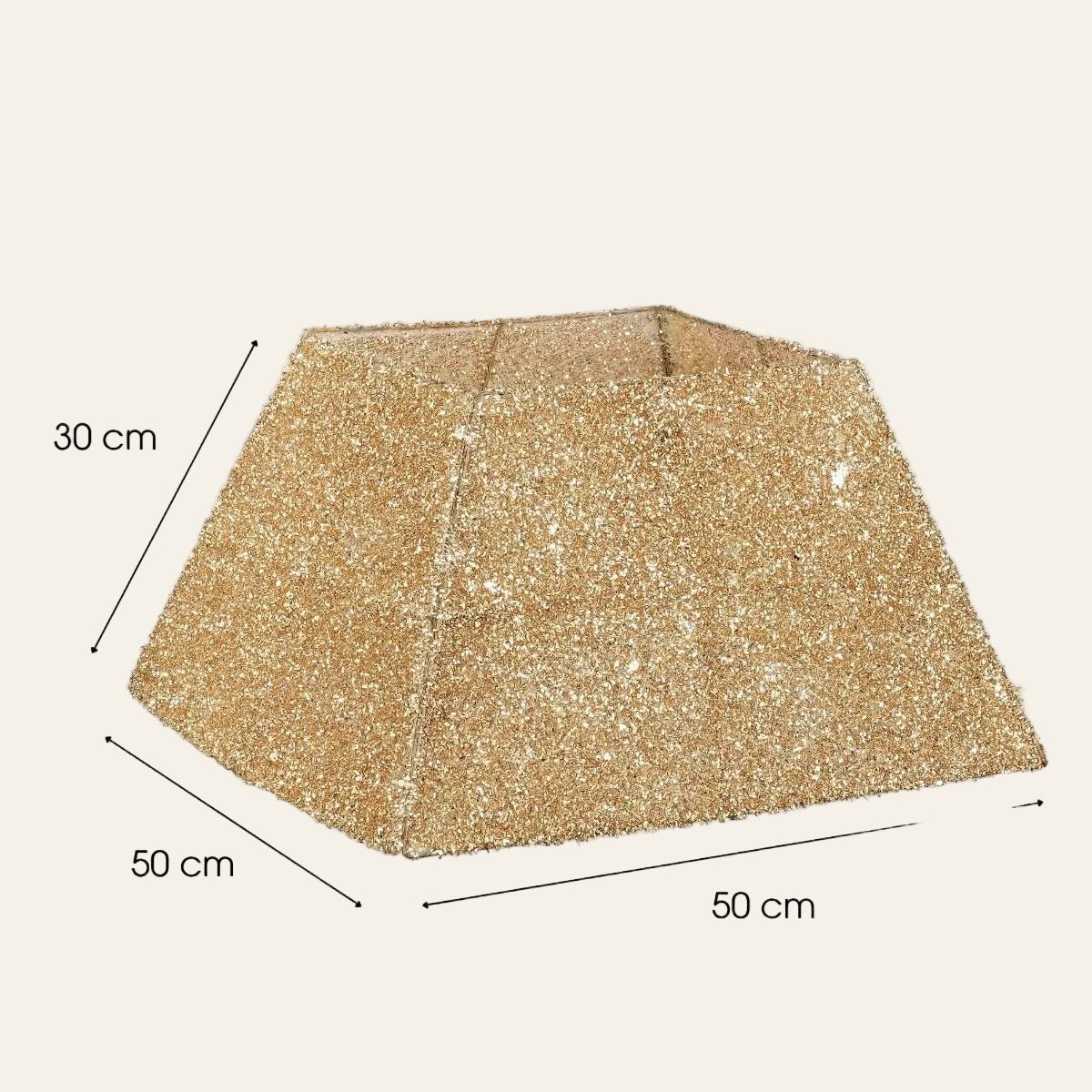 Gouden vierkante kerstboomrok 50 x 50 cm met feestelijke glanzende afwerking van Mica Decorations afmetingen productfoto