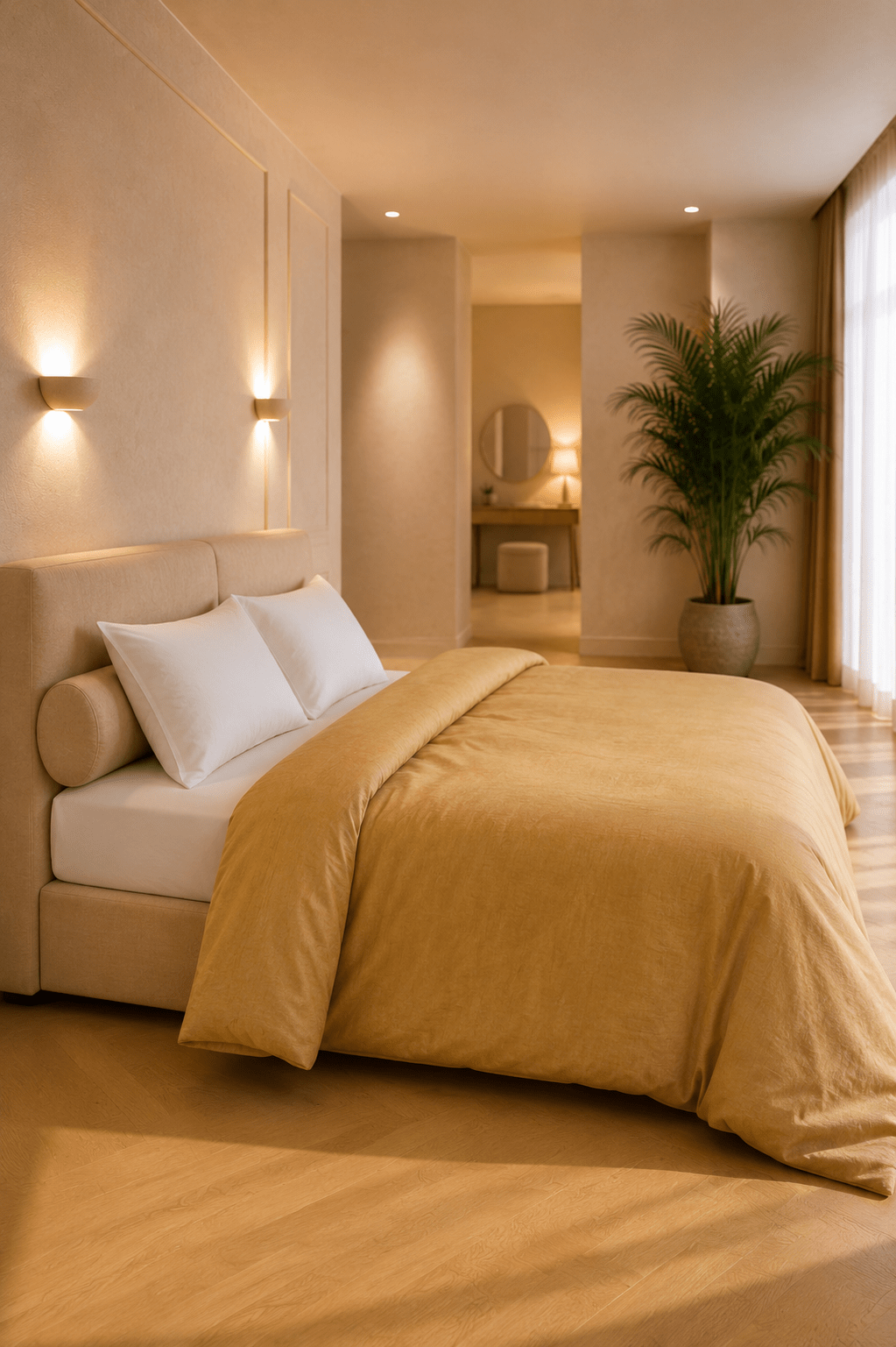 Goudkleurig dekbedovertrek van linnen en katoen op een bed in een warme, minimalistische slaapkamer