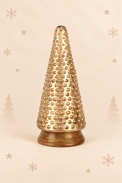 Goudkleurige glazen kerstboom van 31 cm met decoratief reliëf en houten voet van Clayre & Eef