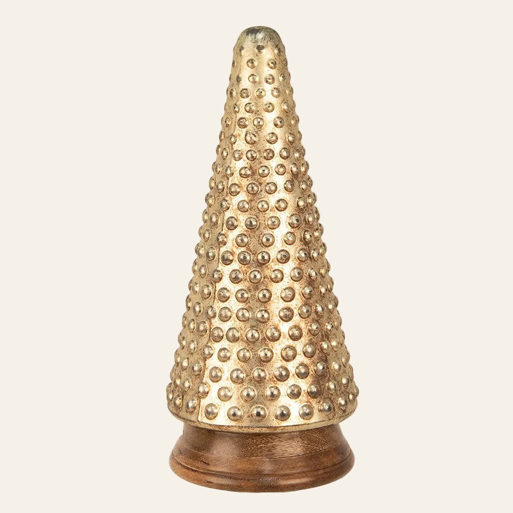 Goudkleurige glazen kerstboom van 31 cm met decoratief reliëf en houten voet van Clayre & Eef productfoto