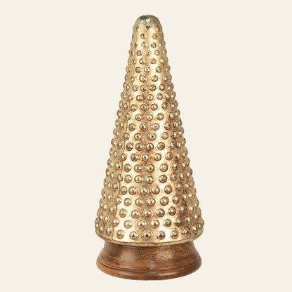 Goudkleurige glazen kerstboom van 31 cm met decoratief reliëf en houten voet van Clayre & Eef productfoto