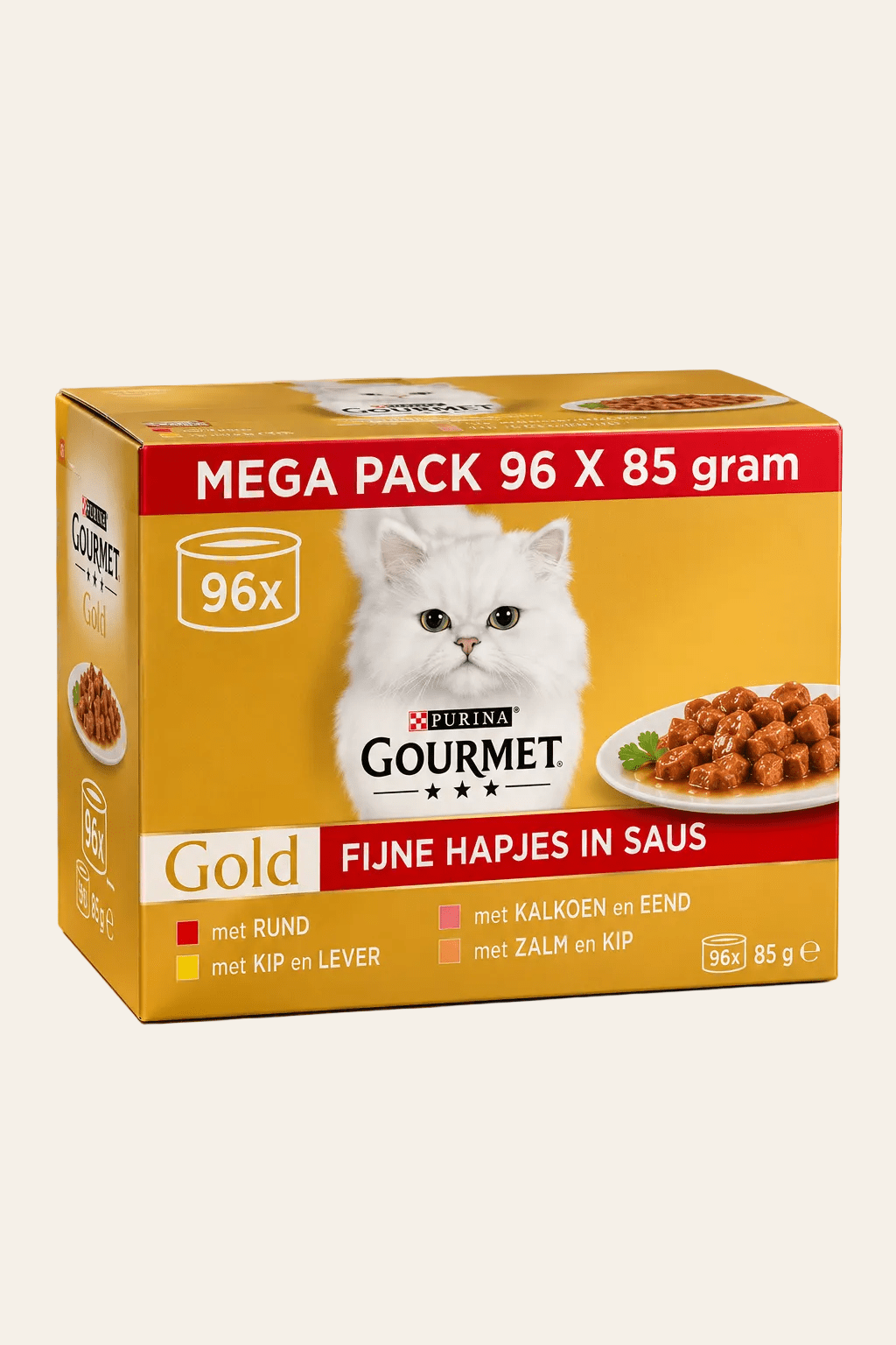 Gourmet Gold megaverpakking fijne hapjes in saus met vier smaken, 96 blikjes van 85 gram in gele doos met witte kat.